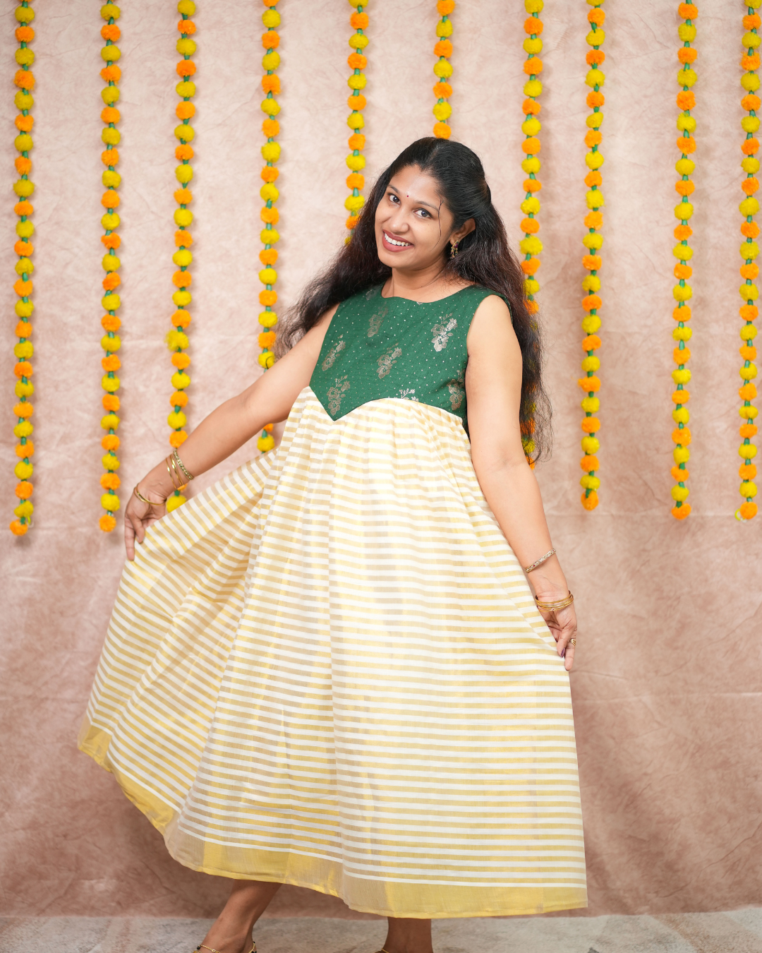 Bottle Green Vichithra Silk and Golden Tissue Festive Flare Dress
