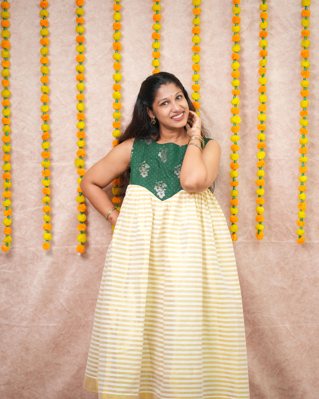 Bottle Green Vichithra Silk and Golden Tissue Festive Flare Dress