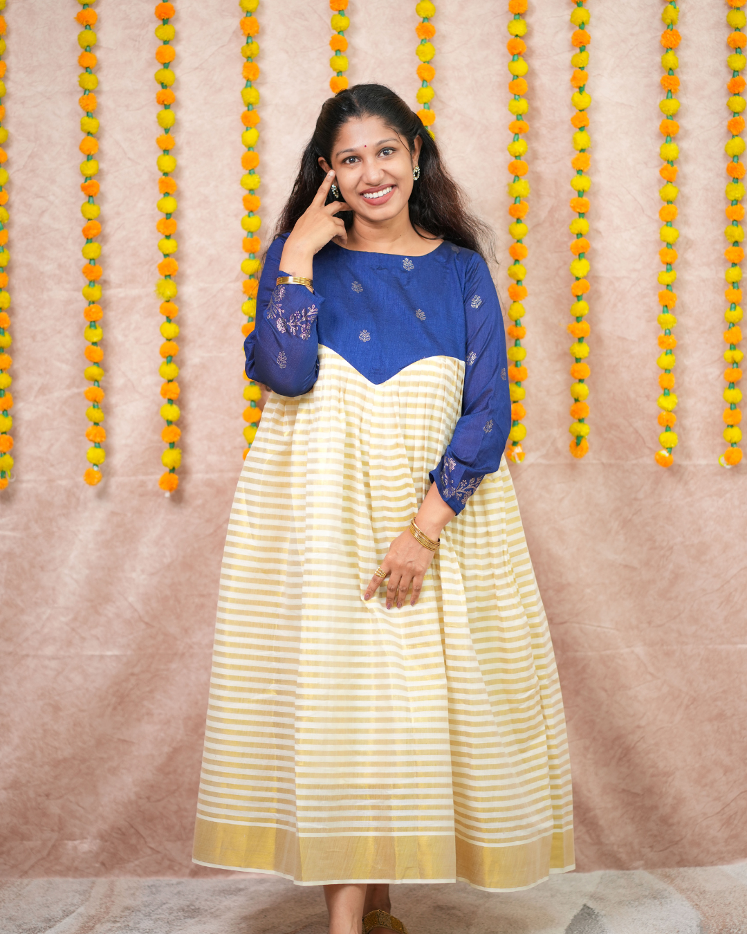 Royal Blue Vichithra Silk and Golden Tissue Festive Flare Dress