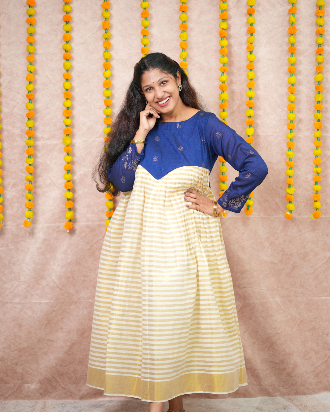 Royal Blue Vichithra Silk and Golden Tissue Festive Flare Dress