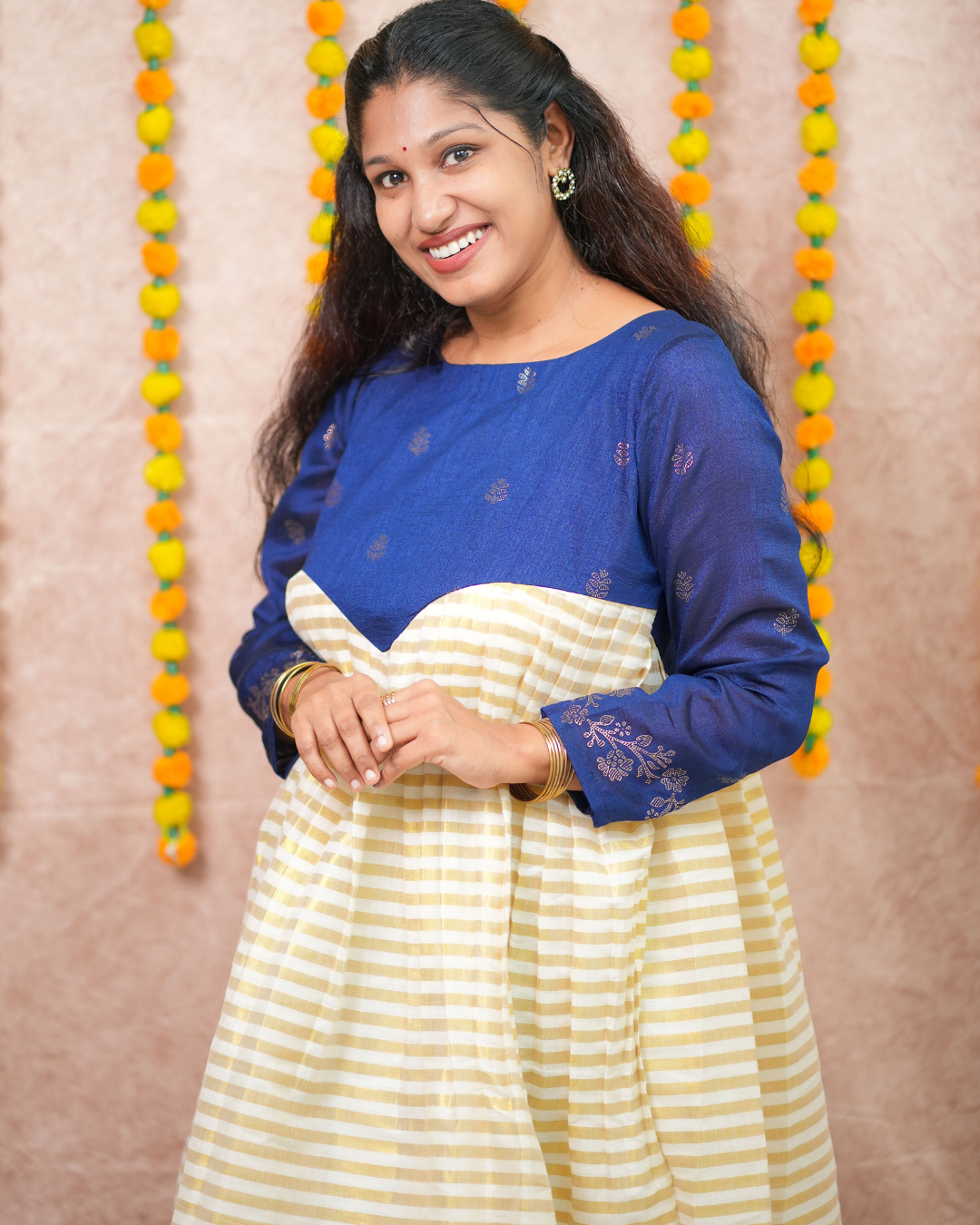 Royal Blue Vichithra Silk and Golden Tissue Festive Flare Dress