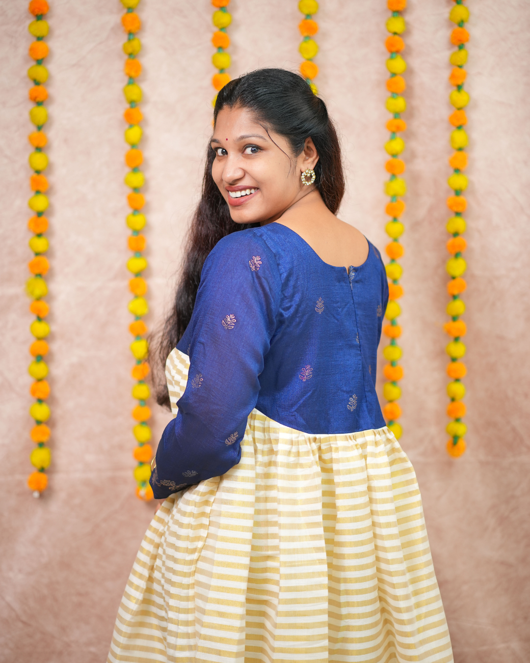 Royal Blue Vichithra Silk and Golden Tissue Festive Flare Dress