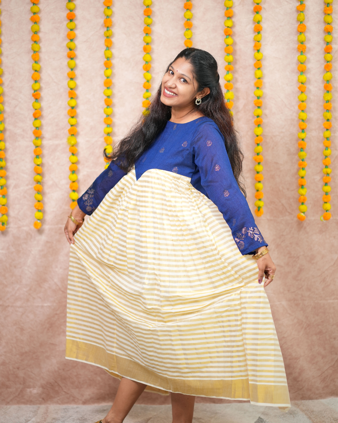 Royal Blue Vichithra Silk and Golden Tissue Festive Flare Dress
