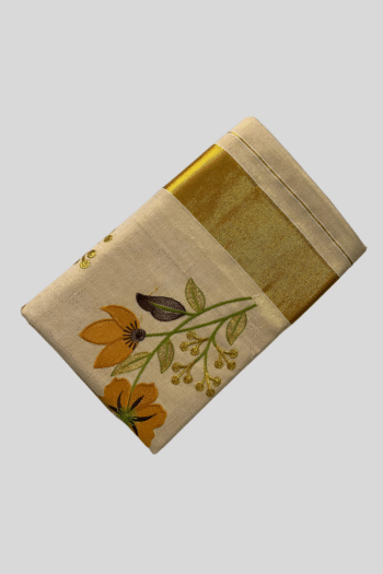 Kerala Tissue Saree with Mustard Floral Embroidery & Golden Border