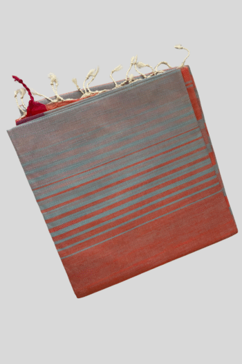 Handloom Cotton Linen Striped Saree – Orange & Grey