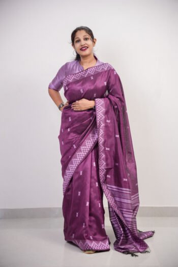 Purple Silk Saree with Geometric Patterns and Contrast Border