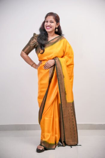 Yellow and Green Silk Saree with Floral Gold Zari Border