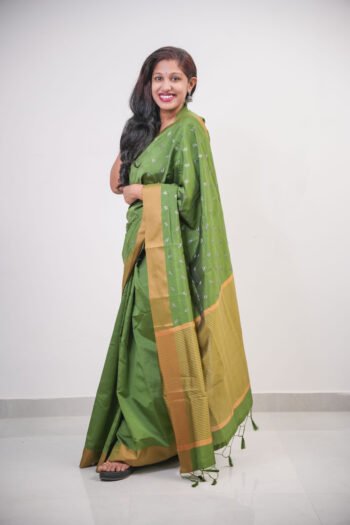 Olive Green Semi Silk Saree with Golden Border